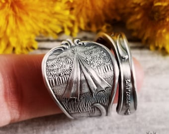 Wide Sterling Native American Ring, Sterling Silver Indigenous Ring, Tipi and Canoe Wrap Ring, Unique Historical Souvenir Spoon Ring, 1903