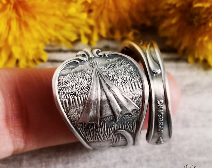 Wide Sterling Native American Ring, Sterling Silver Indigenous Ring, Tipi and Canoe Wrap Ring, Unique Historical Souvenir Spoon Ring, 1903