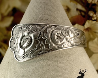 Sterling Silver Wildflower Cuff Bracelet, Antique Silver Flowers & Foliage Bracelet, Nature-Inspired Victorian Bracelet, 1086BR