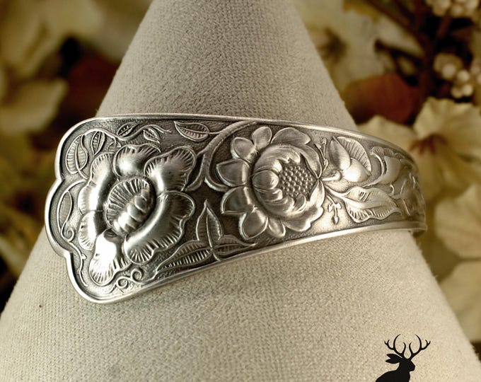 Sterling Silver Wildflower Cuff Bracelet, Antique Silver Flowers & Foliage Bracelet, Nature-Inspired Victorian Bracelet, 1086BR