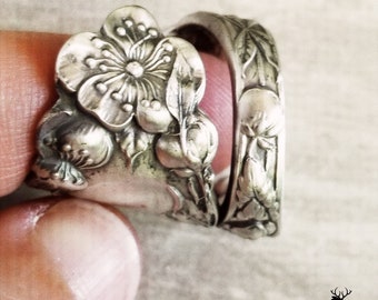 Apple Blossom Sterling Wrap Ring, Spring Flower Bloom Ring, Fruit Blossom Vintage Spoon Ring, Vintage Spoon Jewelry, Apple Blossom Ring, 627