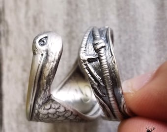 Unique Stork Ring, Stork Spoon Ring, Sterling Bird Ring, Seabird Ring, Souvenir Ring, Sterling Silver Spoon Ring, Vintage Spoon Ring, 1079