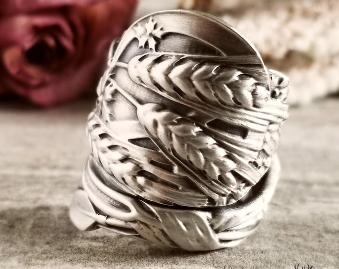 Sterling Wheat Ring, Handmade Baking Wheat Ring, Botanical Spoon Ring, Vintage Spoon Jewelry, Nature Inspired Spoon Ring, Leaf Ring, 2152