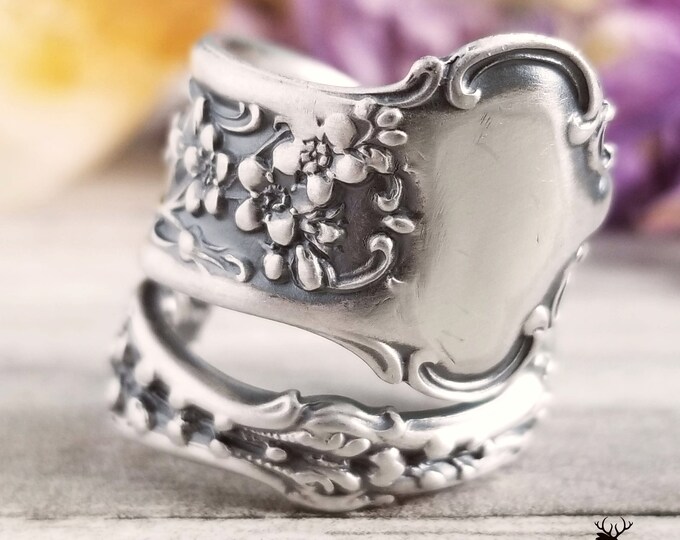 Forget-Me-Not Flower Ring, Floral Art Nouveau Style Spoon Ring, Forget-Me-Not Jewelry, Flower Bridal Spoon Ring, Rococco Floral Ring 1127W