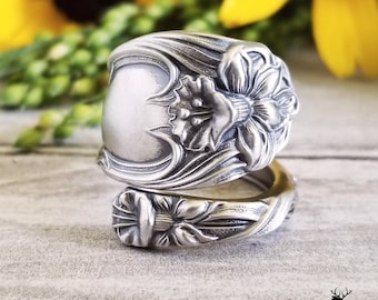 Pierścień z żonkilem Sterling Wrap, pierścień z kwiatowym narcyzem, pierścień Vintage Bloom, pierścień ze srebra Blossom, pierścień kwiatowy, pierścień z antyczną łyżką kwiatową, 555