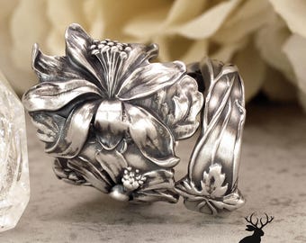 Tropical Flower Wrap Ring, Silver Spiral Flora Ring, Elegant Hibiscus Ring, Vintage Spoon Jewelry, Antique Sterling Silver Spoon Ring, 166B