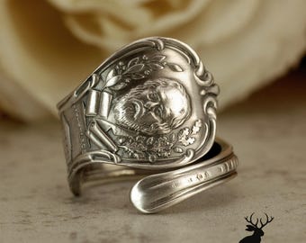Rare Henry Wadsworth Longfellow Ring, Sterling Silver Historic Poet Ring, Literary Icon Ring, Vintage Sterling Silver Spoon Ring, 2381