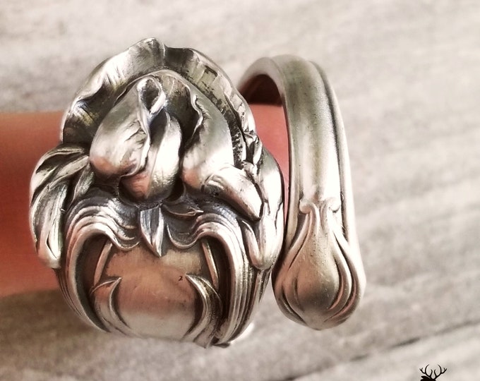 Iris Flower Bloom Ring, Antique Spring Wrap Ring, Vintage Floral Bloom Ring, Sterling Silver Spoon Ring, Unique Botanical Spiral Ring, 898