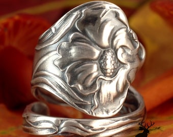 Sterling Poppy Wrap Ring, Silver Wildflower Bloom Ring, Vintage Papaver Spiral Ring, Antique Blossom Ring, Sterling Silver Spoon Ring, 2299