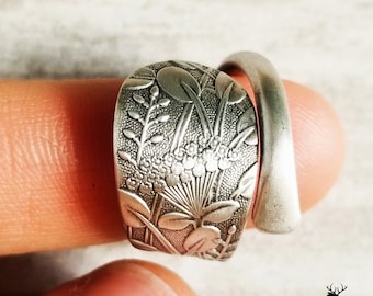 Dainty Flower Bouquet Sterling Ring, Vintage Wildflower Wrap Ring, Hagie Spoon Pattern Jewelry, Antique Sterling Silver Spoon Ring, 202
