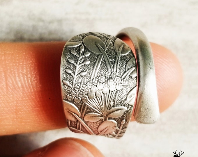 Dainty Flower Bouquet Sterling Ring, Vintage Wildflower Wrap Ring, Hagie Spoon Pattern Jewelry, Antique Sterling Silver Spoon Ring, 202