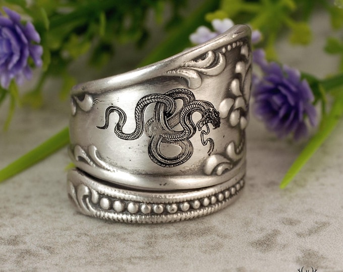 Unique Victorian Sterling Snake Ring, Silver Rococco Serpent Wrap Ring, Vintage Reptile Jewelry, Sterling Silver Spoon Ring, 5013
