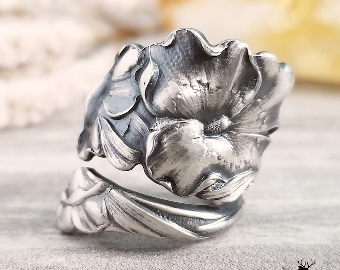 Wild Poppy Sterling Spoon Ring, Wild Poppy Silver Spoon Ring, Vintage Flower Spoon Ring, Vintage Floral Spoon, Sterling Silver Spoon, 137