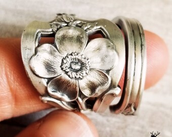 Antique Watson Wild Rose Ring, Rose Floral Spoon Ring, Retro Flower Ring, Sterling Spoon Ring, Vintage Sterling Silver Spoon Jewelry, 594