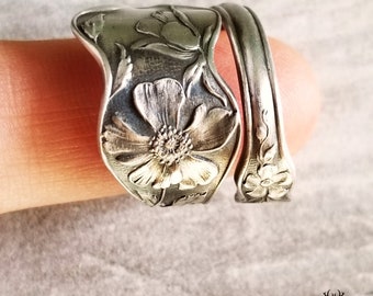 Art Nouveau Floral Poppy Sterling Ring, Poppies Wildflower Vintage Spoon Ring, Vintage Flower Ring, Sterling Silver Flower Spoon Ring, 696