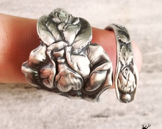 Handmade Rose Ring, Silver Rose Ring, Sterling Spoon Ring, Vintage Rose Ring, Antique Rose Jewelry, Retro Rose Ring, Rose Flower Ring, 175
