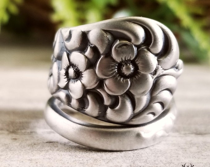 Rococco Forget-Me-Not Flower Ring, Handmade Art Nouveau Ring, Forget-Me-Not Jewelry, Flower Bridal Spoon Ring, Bridesmaid Floral Ring, 116C