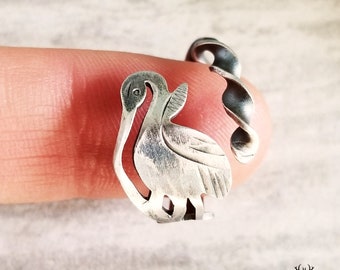 Silver Crane Ring, Animal Jewelry, Crane Spoon Ring, Vintage Spoon Ring, Vintage Bird Ring, Unique Silver Spoon Ring, Silver Bird Ring, 1780