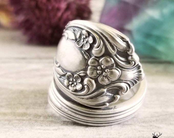 Dainty Wild Rose Sterling Silver Ring, Vintage Silver Rose Blossom Ring, Briar Flower Sterling Spoon Ring, Antique Floral Spoon Ring, 1484