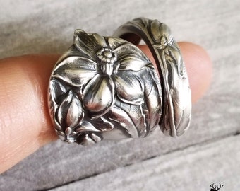 Daffodil Sterling Wrap Ring, Floral Unger Wildflower Ring, Vintage Bloom Ring, Silver Spoon Ring, Floral Ring, Antique Flower Ring, 348