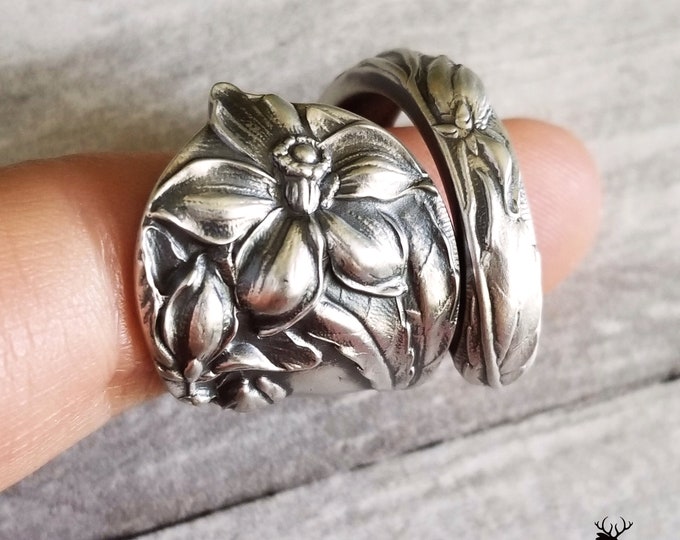 Daffodil Sterling Wrap Ring, Floral Unger Wildflower Ring, Vintage Bloom Ring, Silver Spoon Ring, Floral Ring, Antique Flower Ring, 348