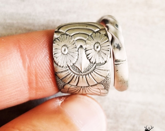 Antique Owl Spoon Ring, Owl Sterling Spoon Ring, Vintage Spoon Ring, Vintage Art Nouveau Bird Jewelry, Sterling Silver Owl Jewelry, 120