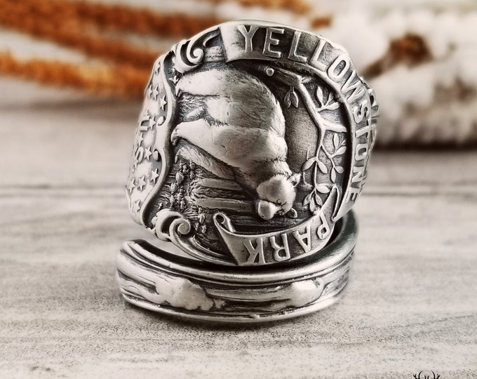 Sterling Yellowstone National Park Ring, Silver Nature Wrap Ring, Sterling Silver Wilderness Ring, Bear & Elk Silver Spoon Ring, 1275