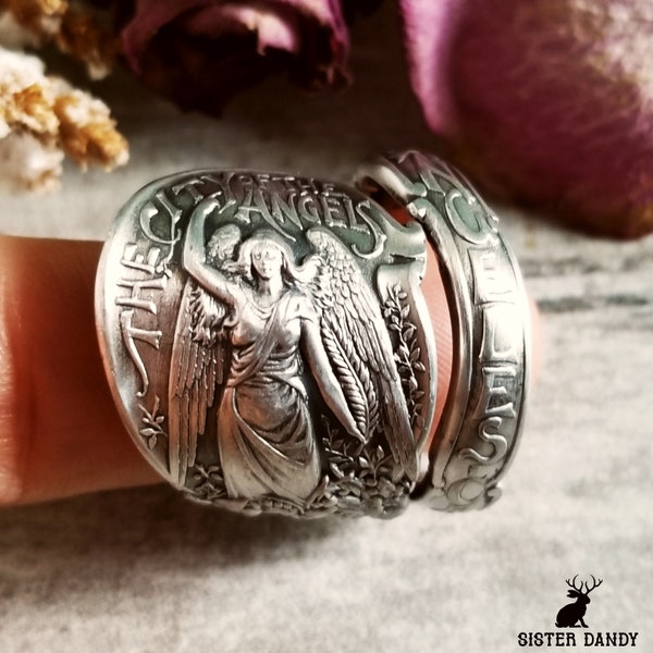 Wide Sterling Silver Angel Ring, Los Angeles Ring, Guardian Angel Ring, Vintage Sterling Silver Angel Ring, West Coast Spoon Ring, 1852