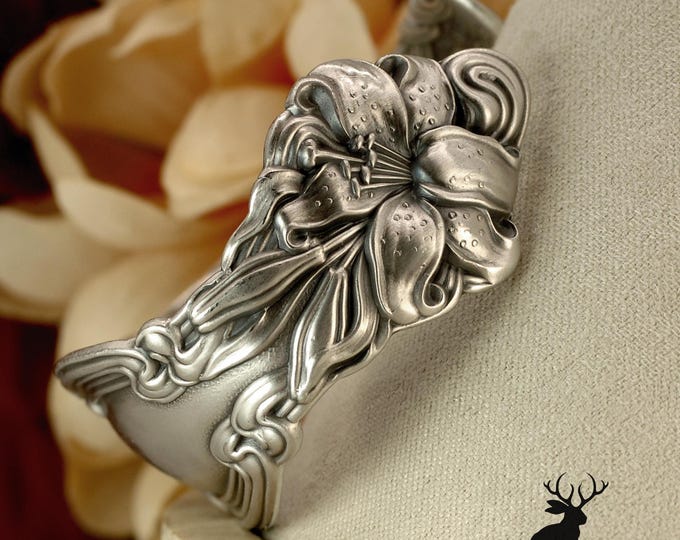 Tiger Lily Sterling Silver Cuff Bracelet, Antique Silver Flowers & Foliage Bracelet, Frontenac Edwardian Botanical Bracelet, 173BR