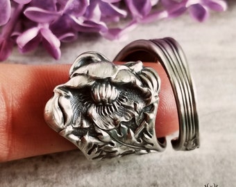 Wildflower Poppy Ring, Floral Poppy Sterling Ring, Vintage Flower Ring, Art Nouveau Sterling Silver Flower Spoon Ring, Unique Gift, 1799