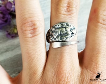 1890 Gorham Greek God Pan Ring, Greek Mythology Jewelry, Antique Greek God Keepsake Gift, Vintage Pagan Sterling Silver Spoon Ring, 753