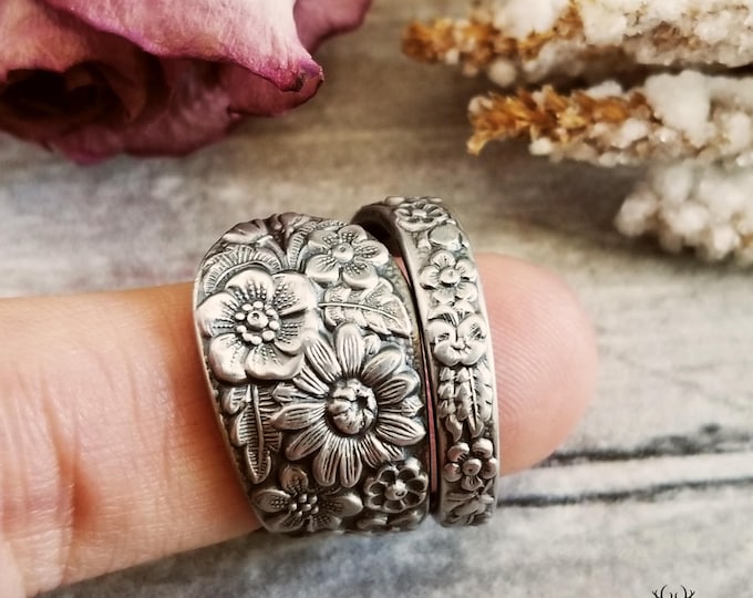 Elegant Wildflower Ring, Antique Sterling Silver Bloom Ring, Wedding Bridal Bouquet Ring, Botanical Wrap Ring, Adjustable Floral Ring, 911C