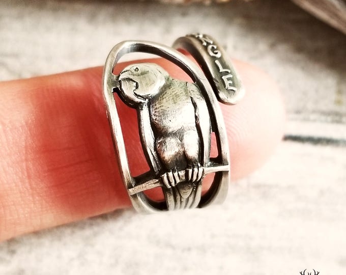 Sterling Parrot Ring, Handmade Parrot Wrap Ring, .925 Sterling Silver Bird Ring, Antique Bird Spoon Ring, Vintage Tropical Avian Ring, 1934