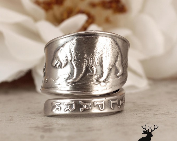 Yosemite National Park Bear Ring, Sterling Silver Grizzly Ring, .925 Bear Ring, Grizzly Bear Silver Ring, Wide Bear Spoon Ring, 861D