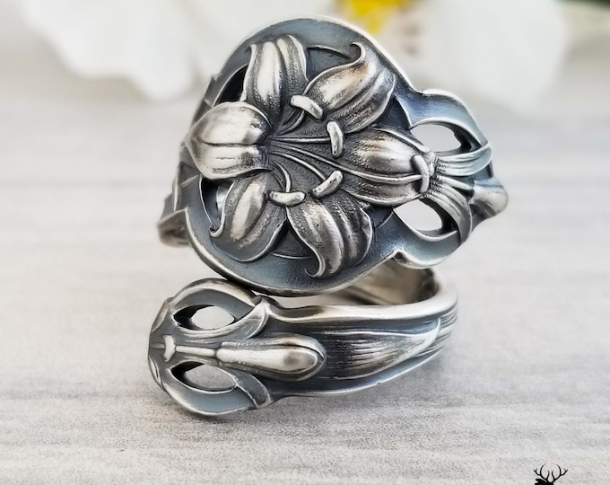 Art Nouveau Lily Ring, Silver Lily Spoon Ring, Vintage Spoon Ring, Vintage Flower Jewelry, Sterling Silver Spoon Ring, Floral Ring, 633