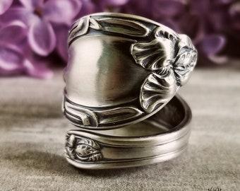 Iris Flower Wrap Ring, Vintage Iris Floral Bloom Ring, Antique Sterling Spiral Ring, Sterling Spoon Ring, Art Nouveau Flower Ring, 180B