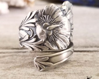 Poppies Wildflower Vintage Spoon Ring, Floral Poppy Sterling Ring, Vintage Flower Ring, Art Nouveau Sterling Silver, Unique Jewelry, 1199