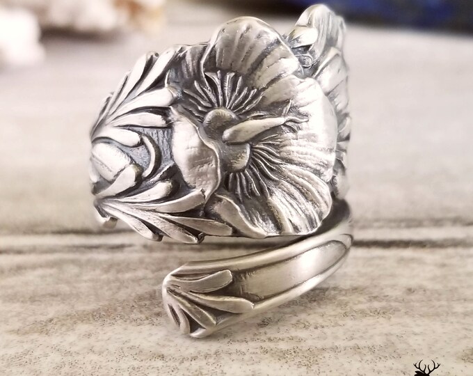 Poppies Wildflower Vintage Spoon Ring, Floral Poppy Sterling Ring, Vintage Flower Ring, Art Nouveau Sterling Silver, Unique Jewelry, 1199