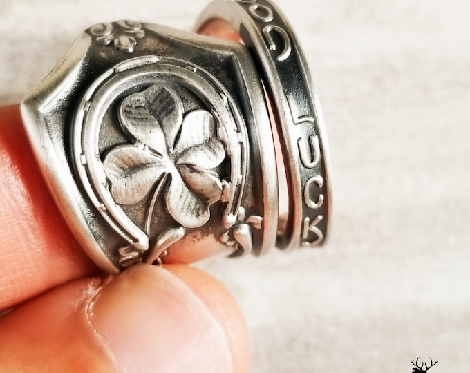Good Luck Spoon Ring, Vintage Lucky Sterling Ring, Horseshoe Souvenir Ring, Vintage 4-Leaf Clover Spoon Ring, Wishbone Sterling Ring 786