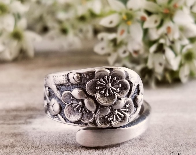 Dainty Sterling Sakura Wrap Ring, Japanese Cherry Blossom Spiral Ring, Hanami Spring Celebration Ring, Cherry Blossom Spoon Ring, 2058