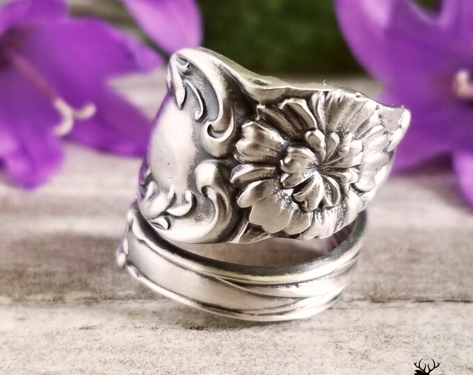 Antique Sterling Carnation Ring, Antique Flower Spoon Ring, Flower Spoon Ring, Floral Jewelry Gift, Art Nouveau Sterling Spoon Ring, 1082