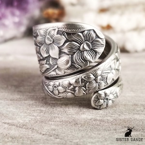 Sterling Daffodil Wildflower Ring, Floral Art Nouveau Ring, Vintage Wildflower Ring, Silver Bloom Ring, Floral Ring, Flower Spoon Ring, 1329