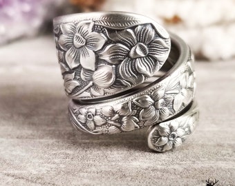 Sterling Daffodil Wildflower Ring, Floral Art Nouveau Ring, Vintage Wildflower Ring, Silver Bloom Ring, Floral Ring, Flower Spoon Ring, 1329