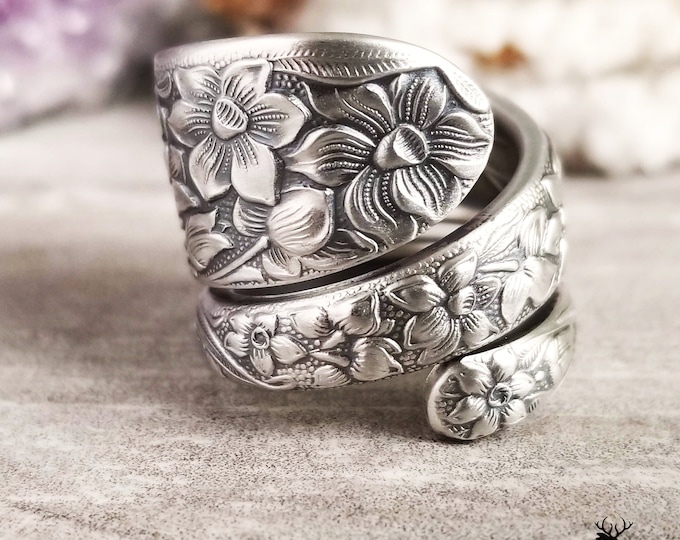 Sterling Daffodil Wildflower Ring, Floral Art Nouveau Ring, Vintage Wildflower Ring, Silver Bloom Ring, Floral Ring, Flower Spoon Ring, 1329