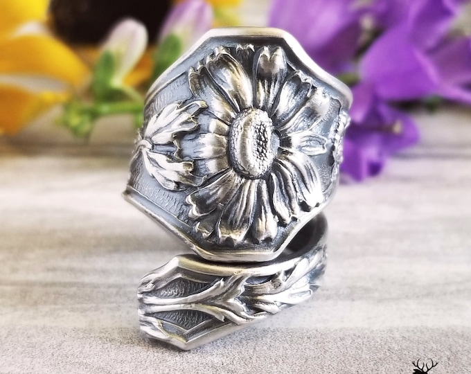 Art Nouveau Daisy Bloom Ring, Sterling Daisy Ring, Flower Spoon Ring, Vintage Sterling Silver Ring, Vintage Floral Nature Inspired Ring, 148