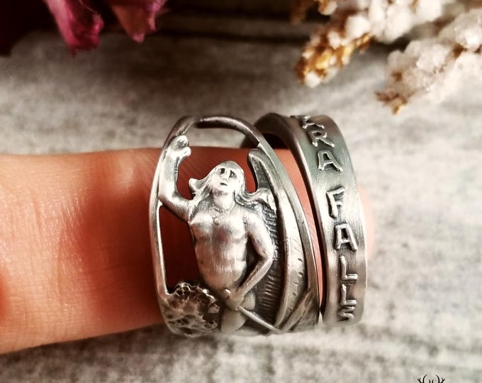 Niagra Falls Native American Ring, Sterling Niagra Falls Ring, Native American Wrap Jewelry, Sterling Silver Spoon Ring, Souvenir Ring, 2018
