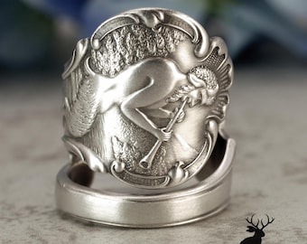 Pan Sterling Spoon Ring, Greek God Wrap Ring, Antique Silver Mythology Jewelry, Druidic Wilderness Gift, 2467