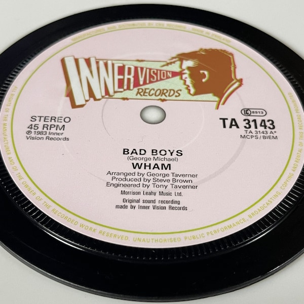 Wham - 'Bad Boys'. George Michael. Record Label Coaster. Popsters