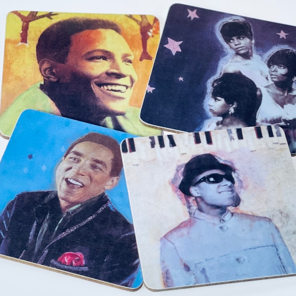 4 Tamla Motown coasters. Marvin Gaye, Stevie Wonder, Smoky Robinson, Supremes, 1960s. Popsters