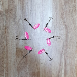 Six Pink & Silver swiss swing spinner lures - Hand made in USA